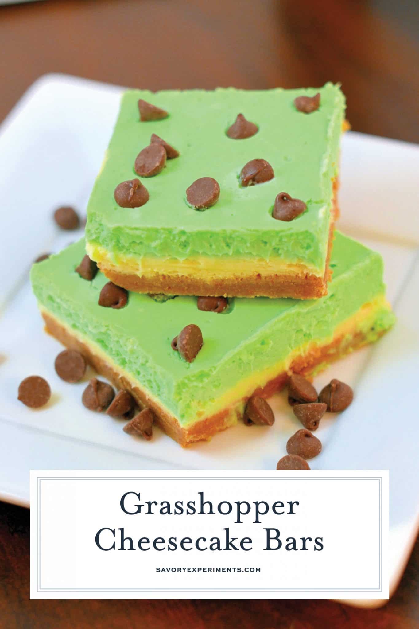 Grasshopper Cheesecake Bars are the perfect St Patrick's day dessert. Green and minty, they are easy to make and delicious to eat! #cheesecakebars #cheesecakebarsrecipe www.savoryexperiments.com