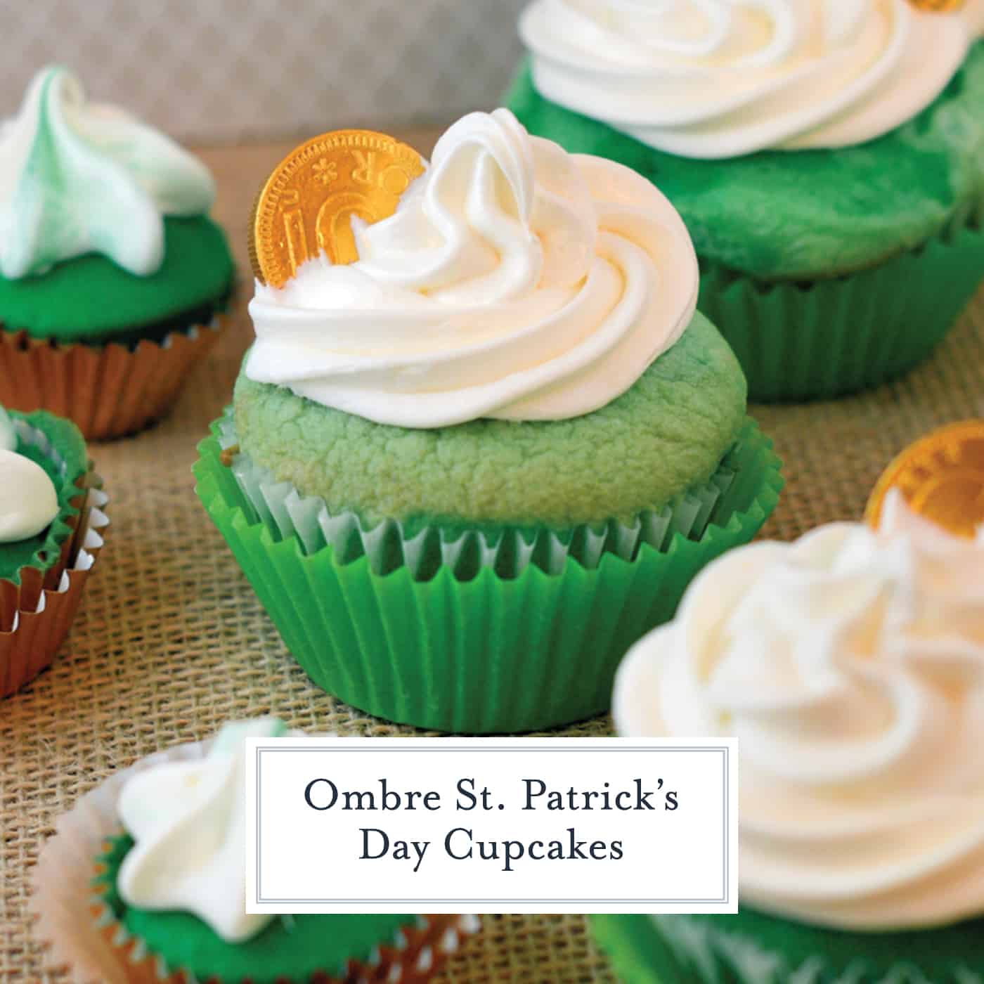 St. Patrick's Day Cupcakes in ombre style. Three shades of green and a whipped frosting. Perfect for your St. Patrick's Day Party! #stpatricksdaycupcakes #stpatricksdaydessert www.savoryexperiments.com