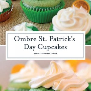 St. Patrick's Day Cupcakes in ombre style. Three shades of green and a whipped frosting. Perfect for your St. Patrick's Day Party! #stpatricksdaycupcakes #stpatricksdaydessert www.savoryexperiments.com