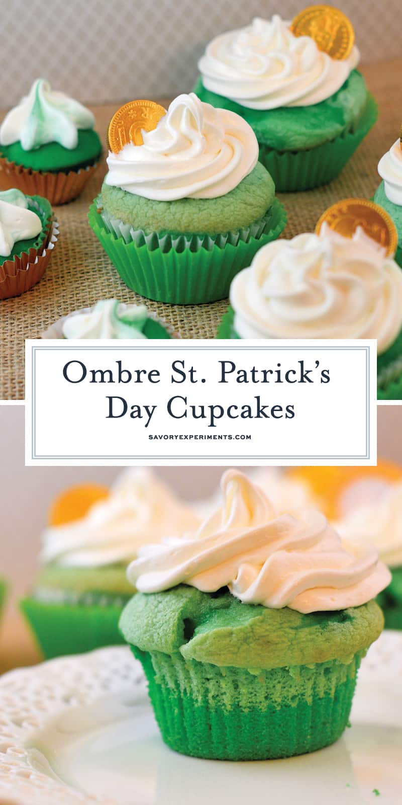 St. Patrick's Day Cupcakes in ombre style. Three shades of green and a whipped frosting. Perfect for your St. Patrick's Day Party! #stpatricksdaycupcakes #stpatricksdaydessert www.savoryexperiments.com