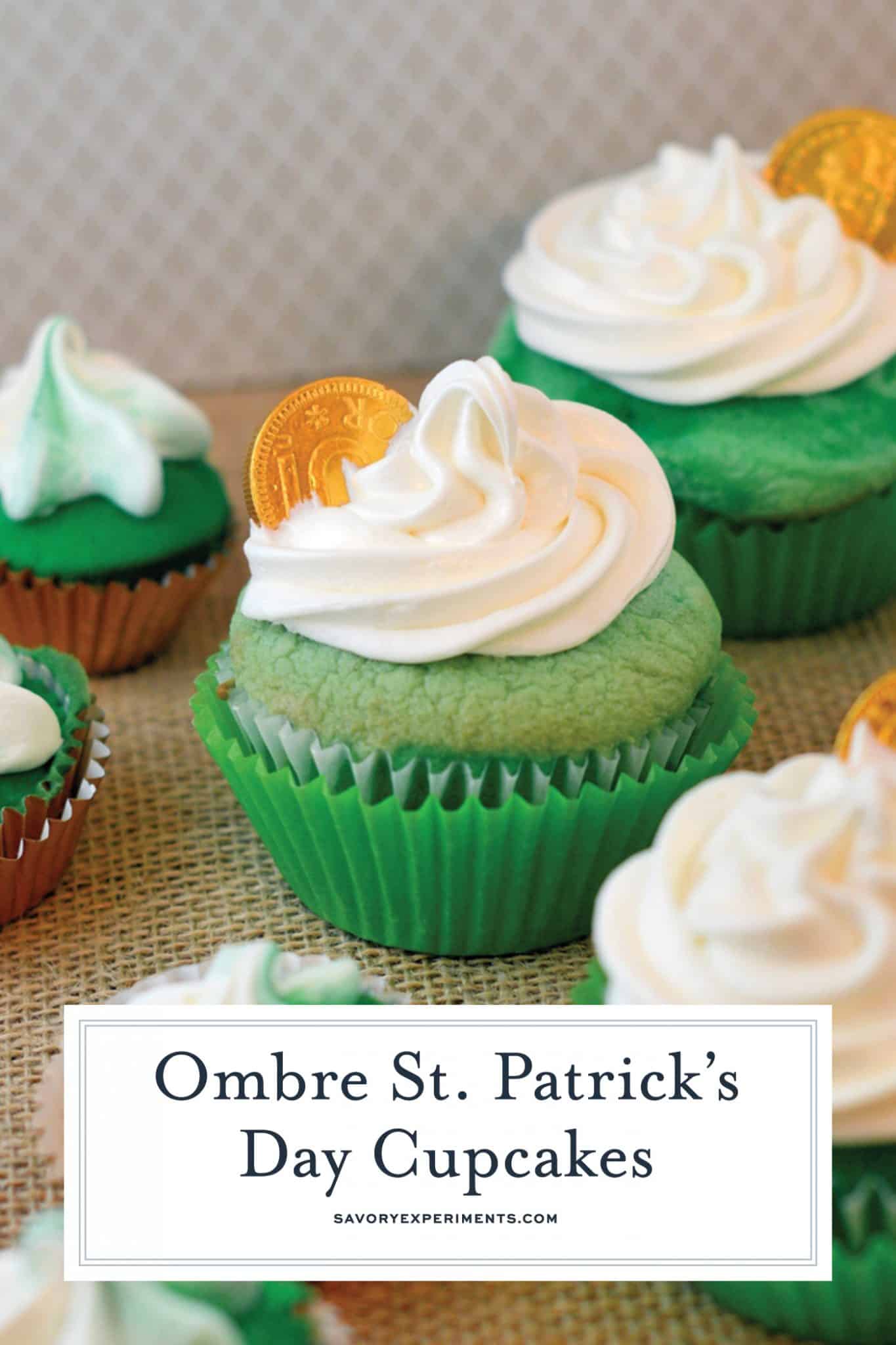 St. Patrick's Day Cupcakes in ombre style. Three shades of green and a whipped frosting. Perfect for your St. Patrick's Day Party! #stpatricksdaycupcakes #stpatricksdaydessert www.savoryexperiments.com