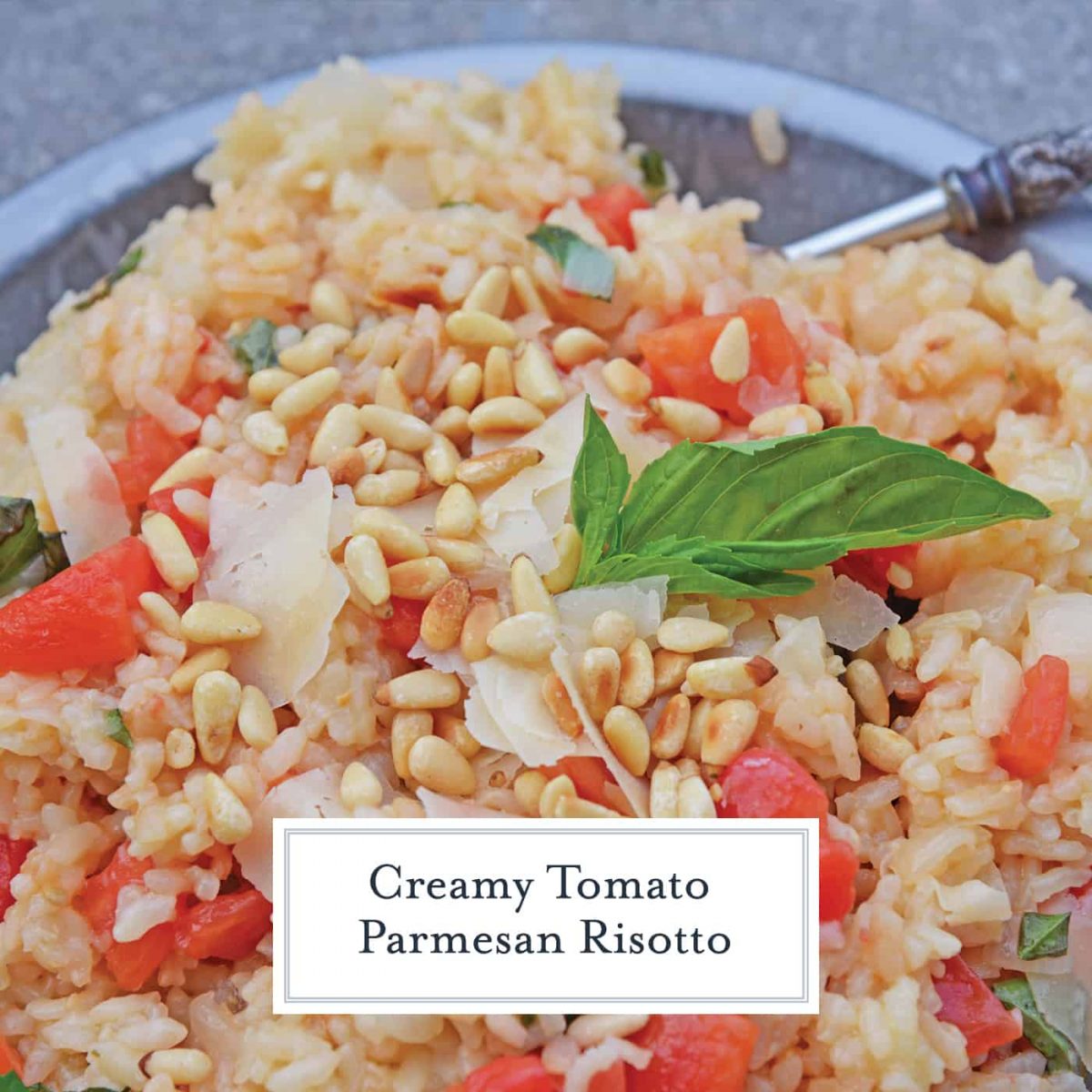 Tomato Parmesan Risotto is a creamy and delicious Italian style risotto recipe. Made with tomatoes, basil, garlic, pine nuts, and parmesan cheese! #risottorecipe #howtocookrisotto #parmesanrisotto www.savoryexperiments.com