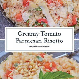 Tomato Parmesan Risotto is a creamy and delicious Italian style risotto recipe. Made with tomatoes, basil, garlic, pine nuts, and parmesan cheese! #risottorecipe #howtocookrisotto #parmesanrisotto www.savoryexperiments.com