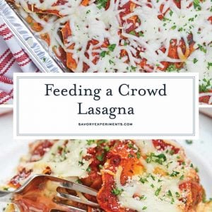 Giant No Boil Lasagna is made up of layers of spinach, tomato, turkey sausage, and lots of CHEESE! This is the best homemade lasagna for a crowd! #howtomakelasagna #homemadelasagnaforacrowd www.savoryexperiments.com