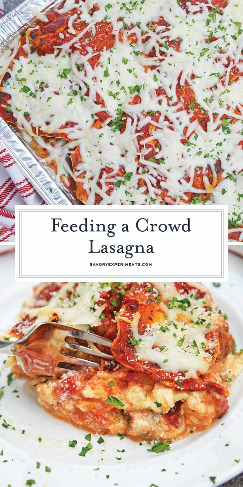 Giant No Boil Lasagna is made up of layers of spinach, tomato, turkey sausage, and lots of CHEESE! This is the best homemade lasagna for a crowd! #howtomakelasagna #homemadelasagnaforacrowd www.savoryexperiments.com