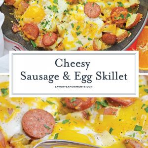 Sausage and Egg Skillet is a delicious breakfast skillet with andouille sausage, potato, eggs and gooey cheese. Ready in 30 minutes and perfect for special weekend brunch! #breakfastskilletrecipe #castironskilletrecipes www.savoryexperiments.com