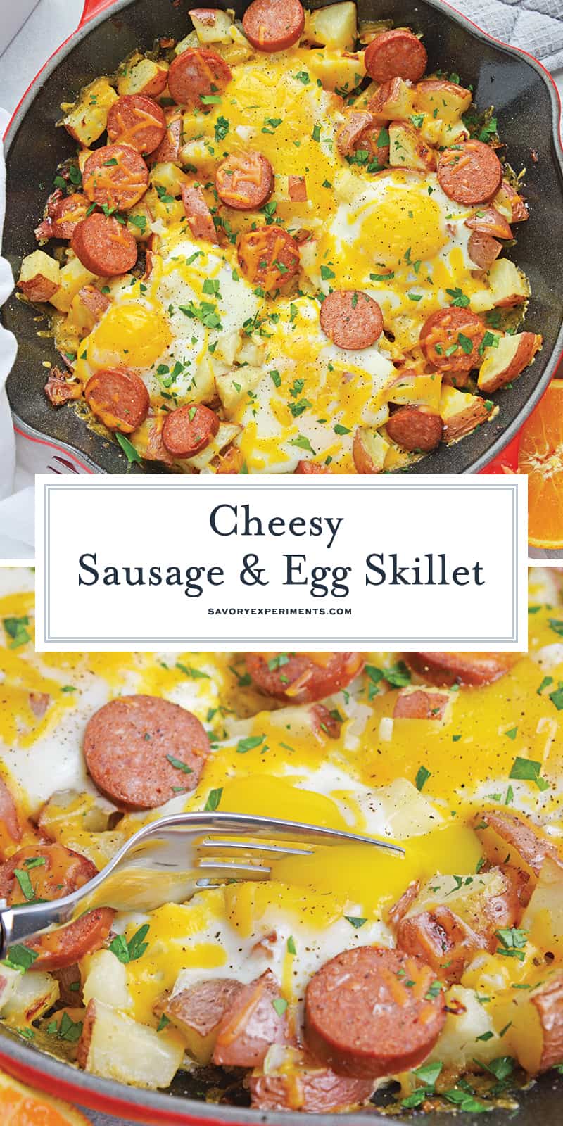 Sausage and Egg Skillet is a delicious breakfast skillet with andouille sausage, potato, eggs and gooey cheese. Ready in 30 minutes and perfect for special weekend brunch! #breakfastskilletrecipe #castironskilletrecipes www.savoryexperiments.com