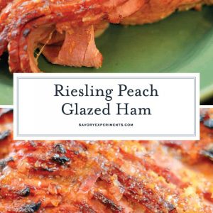 This Riesling Peach Glazed Ham Recipe is a beautifully caramelized baked ham with peach brown sugar glaze. This glazed ham feeds a crowd and is easy to make! #hamrecipes #hamglaze #bakedham www.savoryexperiments.com