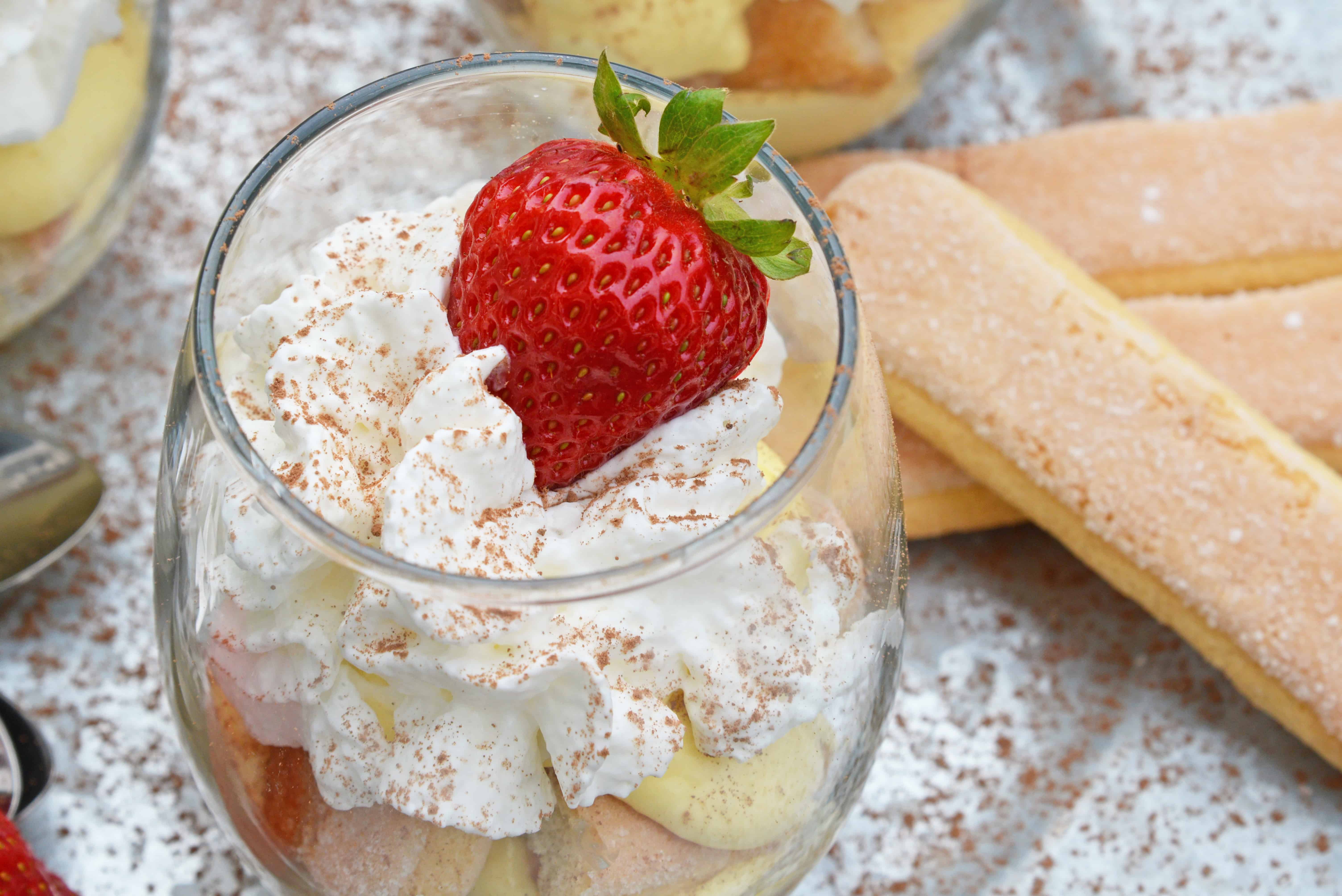 Tiramisu Cups are an easy, make-ahead dessert recipes layering mascarpone custard with espresso soaked lady finger cookies and whipped cream. #easytiramisurecipe #tiramisucups www.savoryexperiments.com