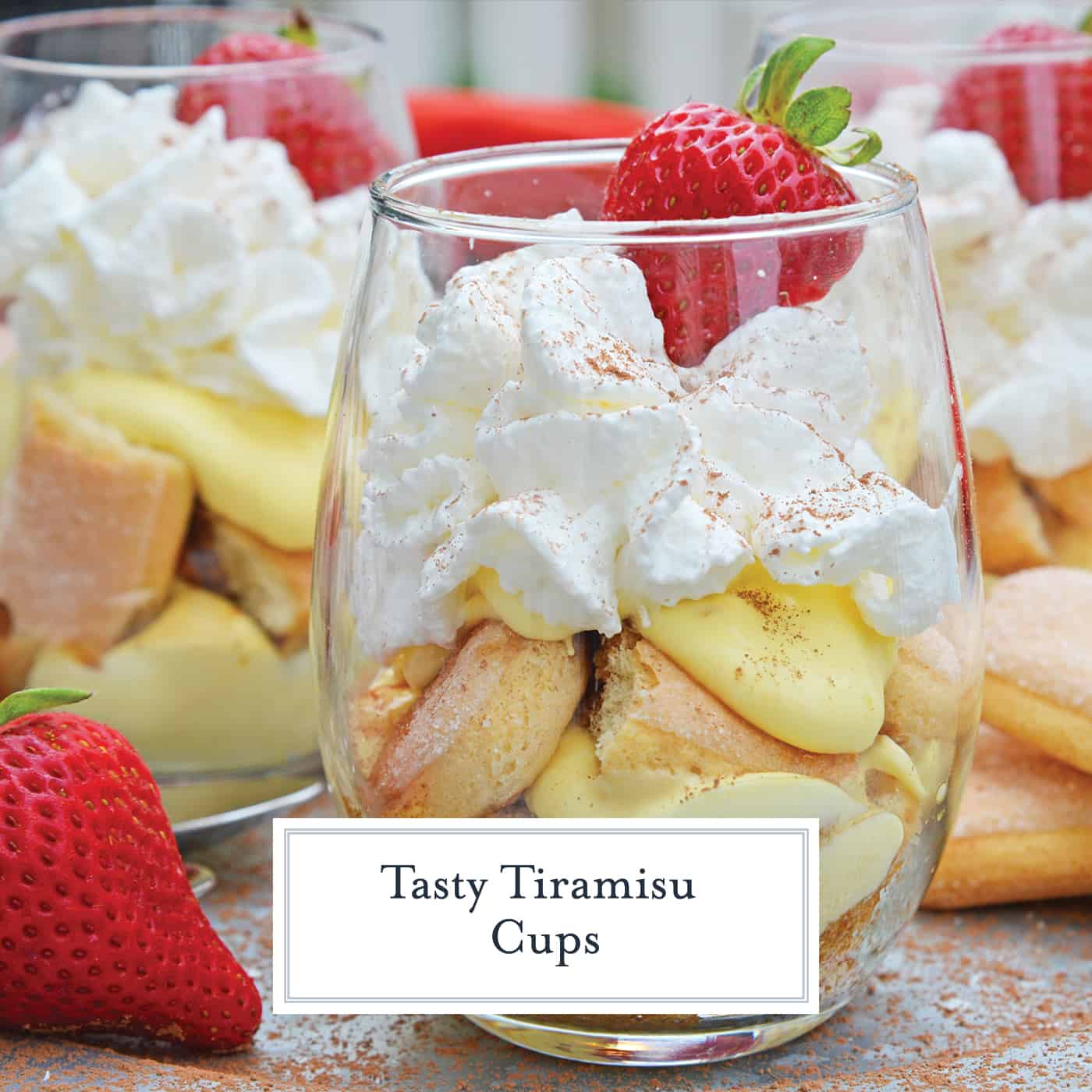 Tiramisu Cups are an easy, make-ahead dessert recipes layering mascarpone custard with espresso soaked lady finger cookies and whipped cream. #easytiramisurecipe #tiramisucups www.savoryexperiments.com