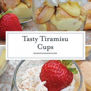 Tiramisu Cups are an easy, make-ahead dessert recipes layering mascarpone custard with espresso soaked lady finger cookies and whipped cream. #easytiramisurecipe #tiramisucups www.savoryexperiments.com