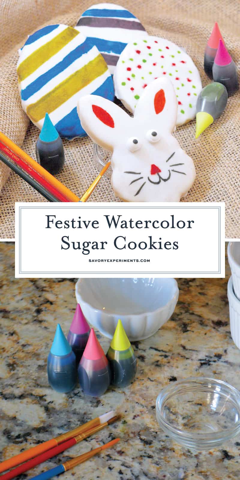 Watercolor Sugar Cookies can be made for any holiday, but I like them best for Easter. Easter Egg Cookies and Bunny Cookies are just so pretty with the soft glow of watercolor! #watercolorsugarcookies #sugarcookiecutouts #eastercookies www.savoryexperiments.com 