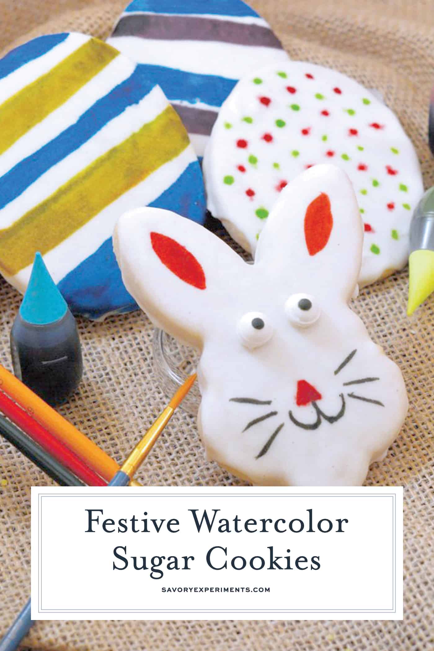 Watercolor Sugar Cookies can be made for any holiday, but I like them best for Easter. Easter Egg Cookies and Bunny Cookies are just so pretty with the soft glow of watercolor! #watercolorsugarcookies #sugarcookiecutouts #eastercookies www.savoryexperiments.com