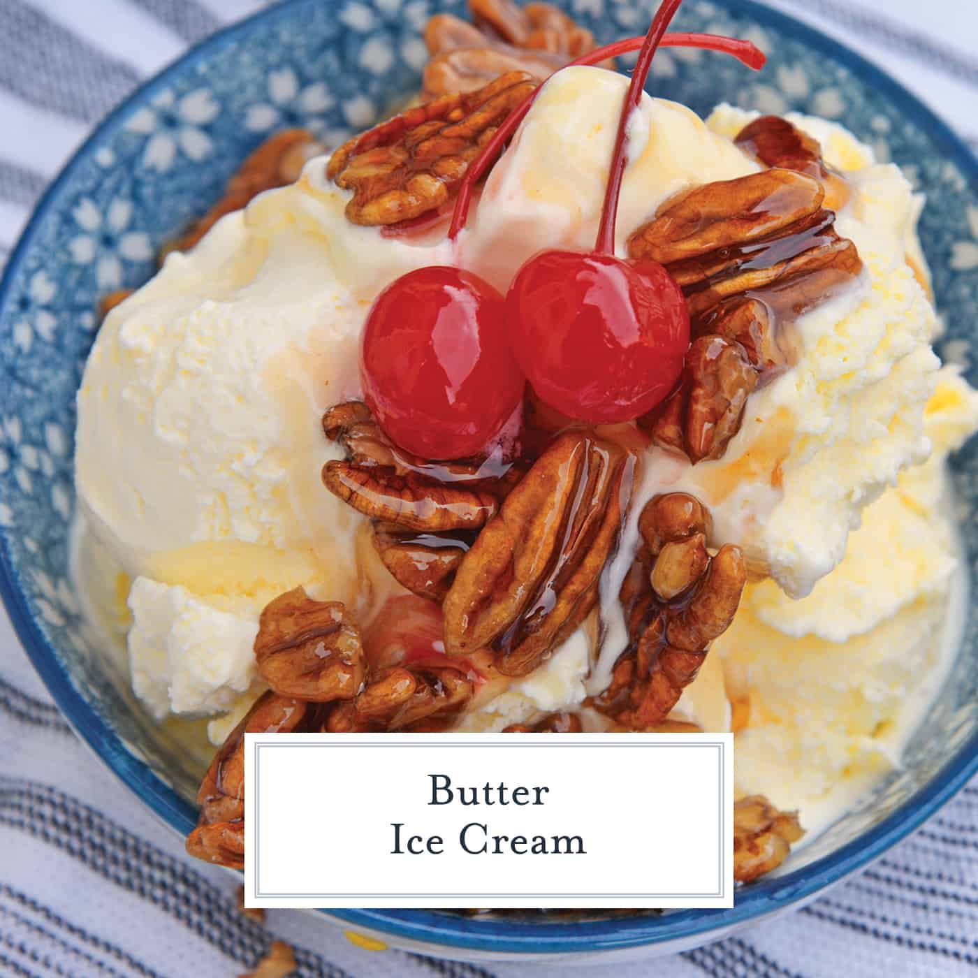 butter ice cream with pecan topping and cherries 