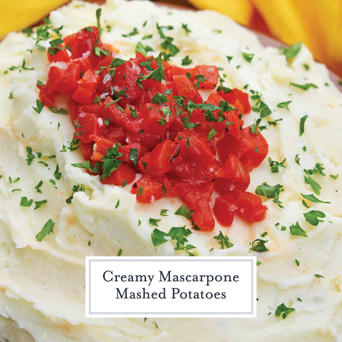 Mascarpone Mashed Potatoes take traditional mashed potatoes up a notch by adding creamy mascarpone and roasted red peppers! #howtomakemashedpotatoes #bestmashedpotatoes www.savoryexperiments.com