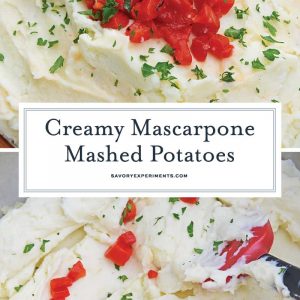 Mascarpone Mashed Potatoes take traditional mashed potatoes up a notch by adding creamy mascarpone and roasted red peppers! #howtomakemashedpotatoes #bestmashedpotatoes www.savoryexperiments.com