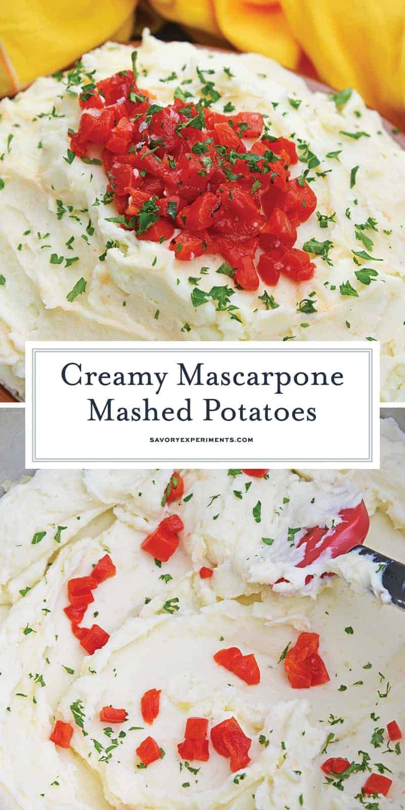 Mascarpone Mashed Potatoes take traditional mashed potatoes up a notch by adding creamy mascarpone and roasted red peppers! #howtomakemashedpotatoes #bestmashedpotatoes www.savoryexperiments.com