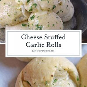 These Cheese Stuffed Garlic Rolls are delicious garlic and parsley rolls stuffed with gooey mozzarella cheese. Eat them plain or with a side of marinara. #cheesestuffedgarlicrolls #garlicrolls #mozzarella www.savoryexperiments.com