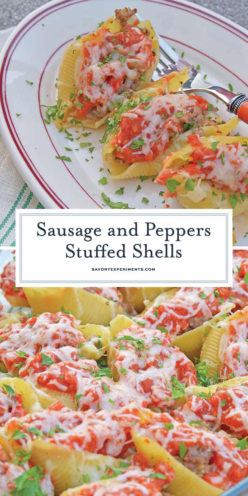 These Sausage and Peppers Stuffed Shells are a mashup of two fan favorites and are a fun way to spice up any weekday meal. They are guaranteed to wow! #sausageandpeppersstuffedshells #sausageandpeppers #stuffedshells www.savoryexperiments.com