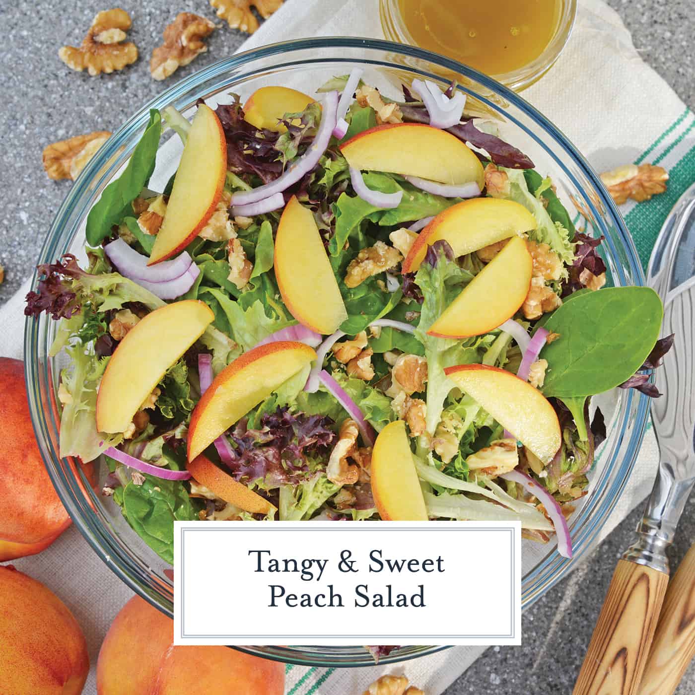 Peach Salad is a scrumptious summer salad filled with delicious peaches, gorgonzola cheese, shallots, candied walnuts and a tangy peach dressing. The perfect summer salad! #peachsalad #summersalads www.savoryexperiments.com