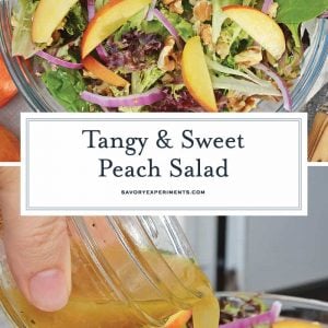 Peach Salad is a scrumptious summer salad filled with delicious peaches, gorgonzola cheese, shallots, candied walnuts and a tangy peach dressing. The perfect summer salad! #peachsalad #summersalads www.savoryexperiments.com