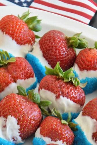 red, white and blue chocolate covered strawberries