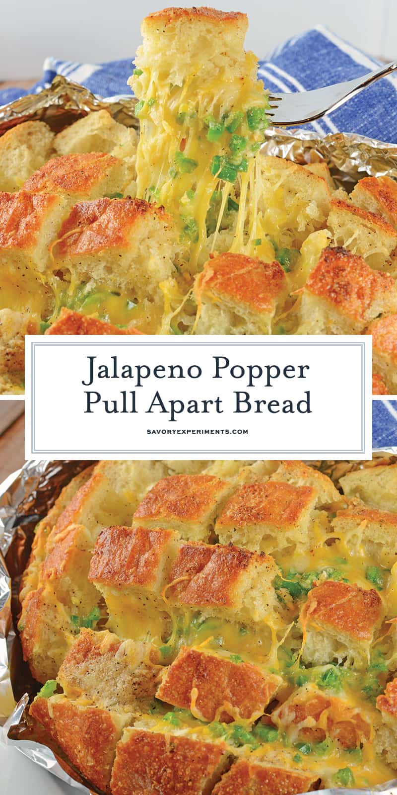Jalapeno Popper Pull Apart Bread is spicy, cheesy, and perfect for any occasion. Use it as an appetizer, side dish or a snack! #jalapenopopperpullapartbread #jalapenopopper #cheesybread www.savoryexperiments.com
