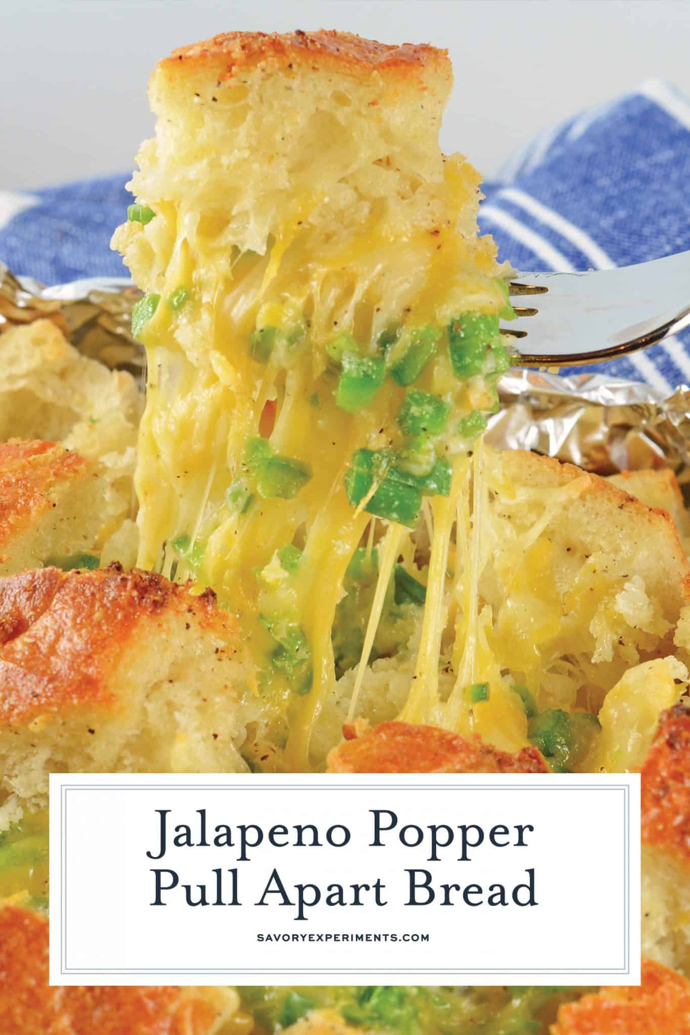 Jalapeno Popper Pull Apart Bread is spicy, cheesy and perfect for any dining occasion. Use it as an appetizer, side dish or a snack! #cheesybread #jalapenopopperbread www.savoryexperiments.com