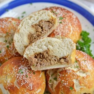 Platter of Pulled Pork Stuffed Pretzel Rolls