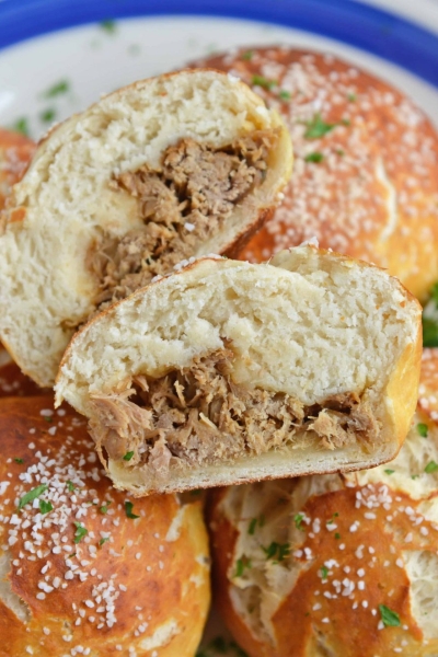 Platter of Pulled Pork Stuffed Pretzel Rolls