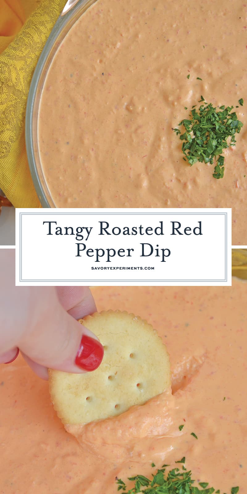 Roasted Red Pepper Dip is tangy, light, and irresistibly delicious. Served warm or cold, it is perfect for parties or an afternoon snack. #roastedredpepperdip #chipdip #roastedredpepper www.savoryexperiments.com