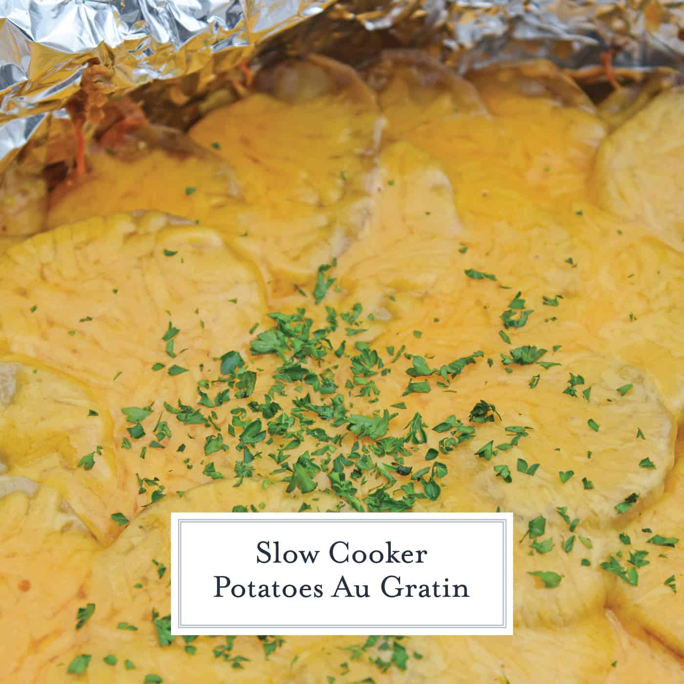 Slow Cooker Potatoes au Gratin are an amazing copycat recipe of Fleming's Steakhouse's potatoes.  Pop it in your slow cooker and reap the cheesy benefits. #slowcookerpotatoesaugratin #potatoesaugratin www.savoryexperiments.com