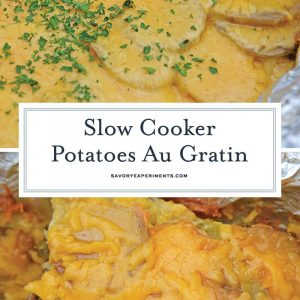 Slow Cooker Potatoes au Gratin are an amazing copycat recipe of Fleming's Steakhouse's potatoes.  Pop it in your slow cooker and reap the cheesy benefits. #slowcookerpotatoesaugratin #potatoesaugratin www.savoryexperiments.com