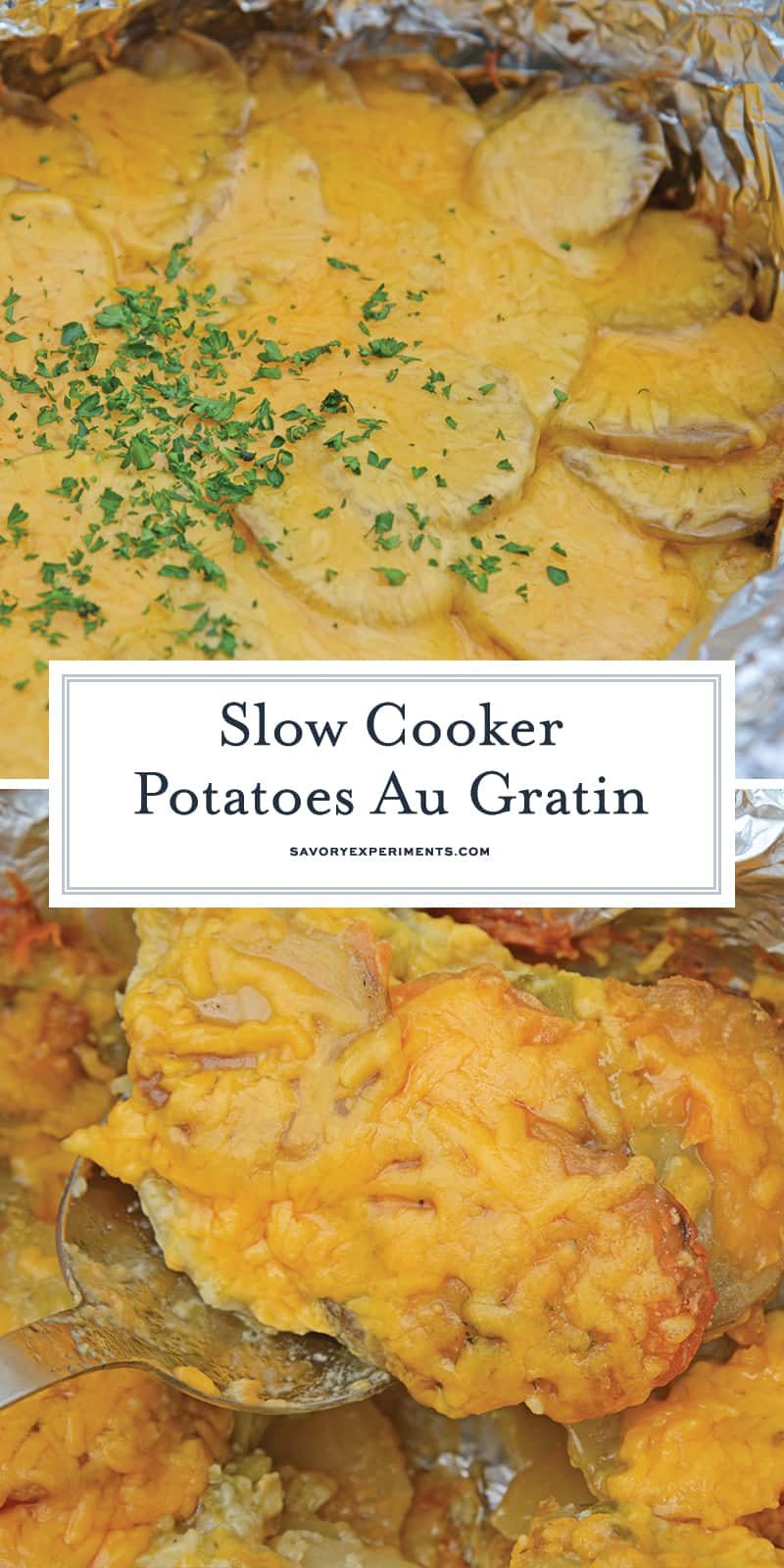 Slow Cooker Potatoes au Gratin are an amazing copycat recipe of Fleming's Steakhouse's potatoes.  Pop it in your slow cooker and reap the cheesy benefits. #slowcookerpotatoesaugratin #potatoesaugratin www.savoryexperiments.com