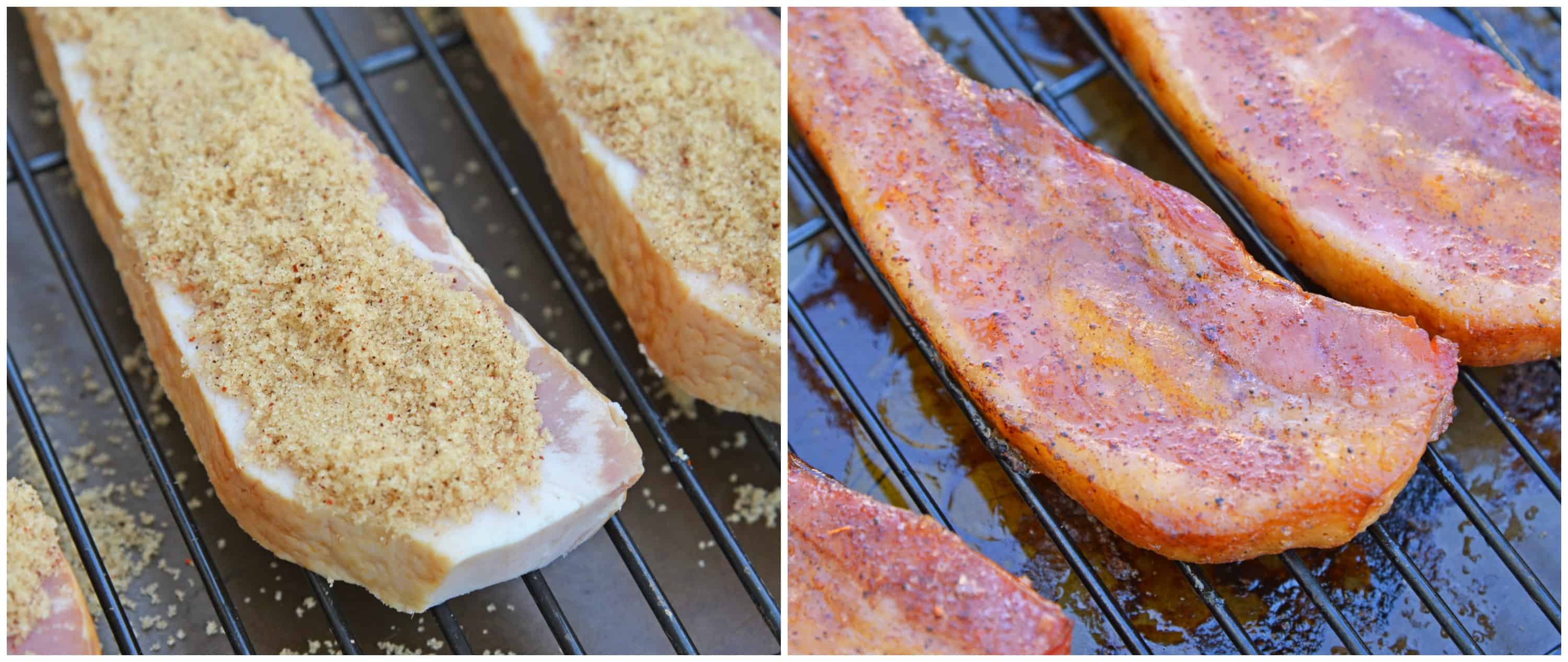 Candied bacon is the best sweet and salty snack with a kick. Serve as strips or bites, bacon is caramelized with brown sugar and and a touch of heat. #candiedbacon #pigcandy #brownsugarbacon www.savoryexperiments.com