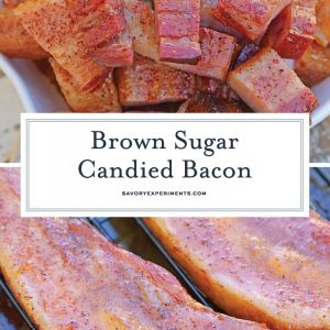 Candied bacon is the best sweet and salty snack with a kick. Serve as strips or bites, bacon is caramelized with brown sugar and and a touch of heat. #candiedbacon #pigcandy #brownsugarbacon www.savoryexperiments.com