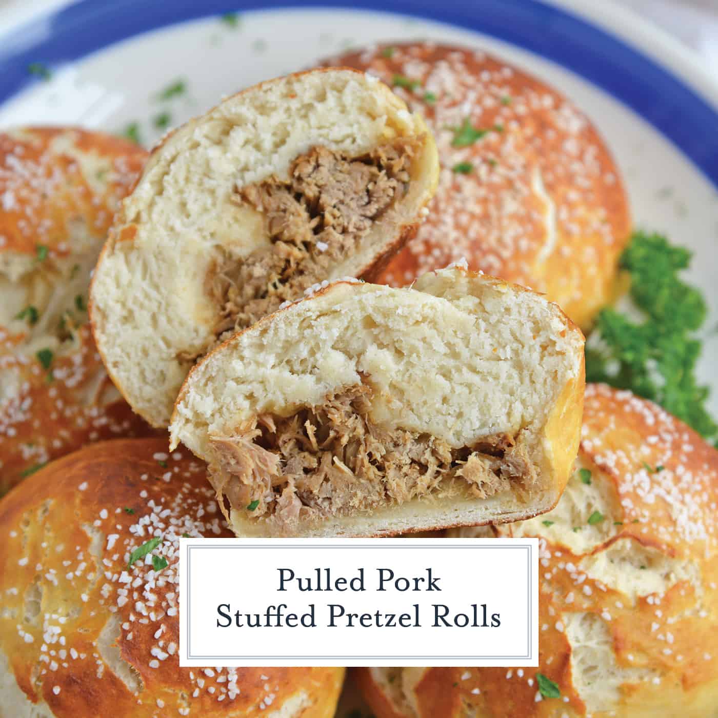 Pulled Pork Stuffed Pretzel Roll cut in half with text overlay for facebook