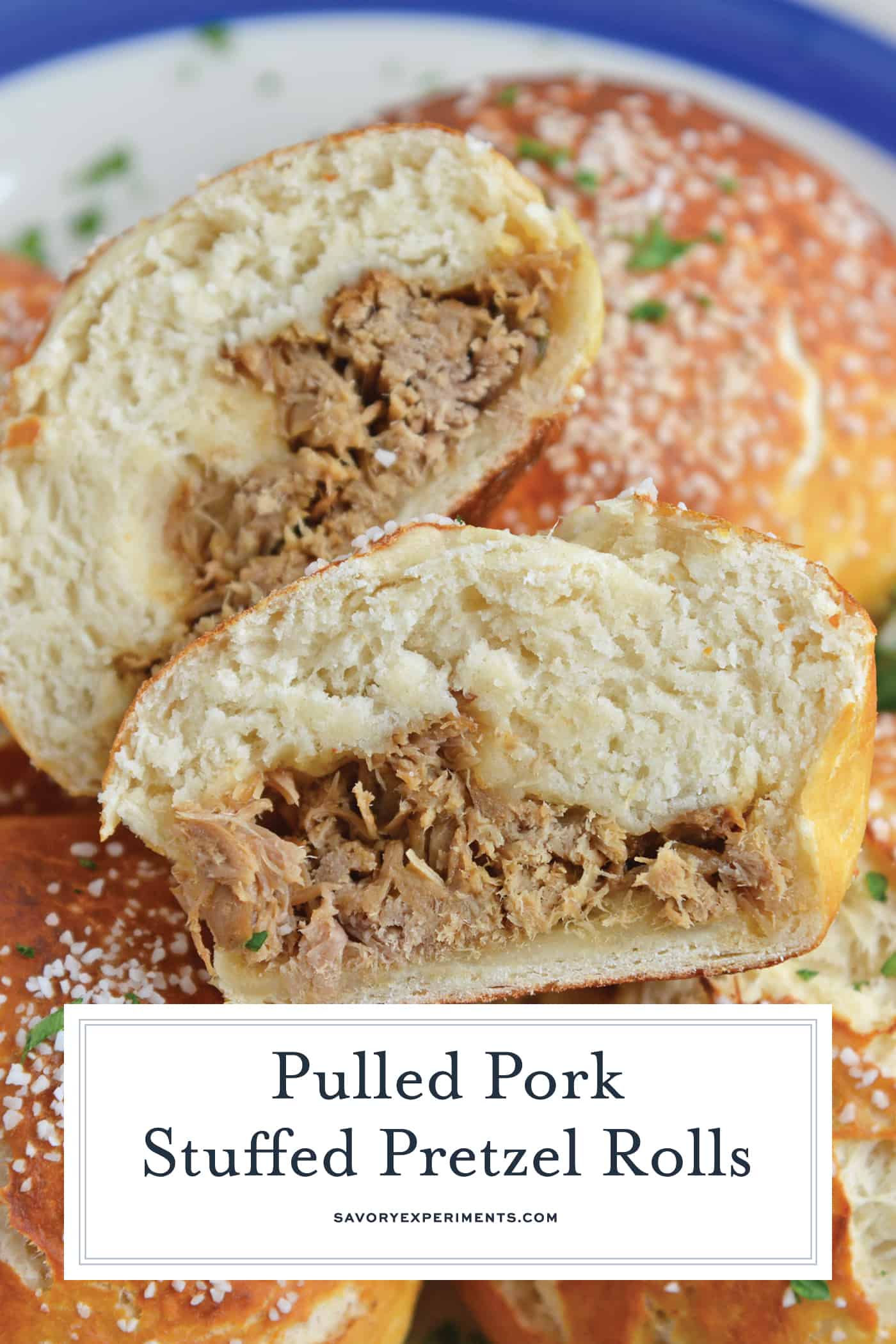 Pulled Pork Stuffed Pretzel Roll split in half for Pinterest