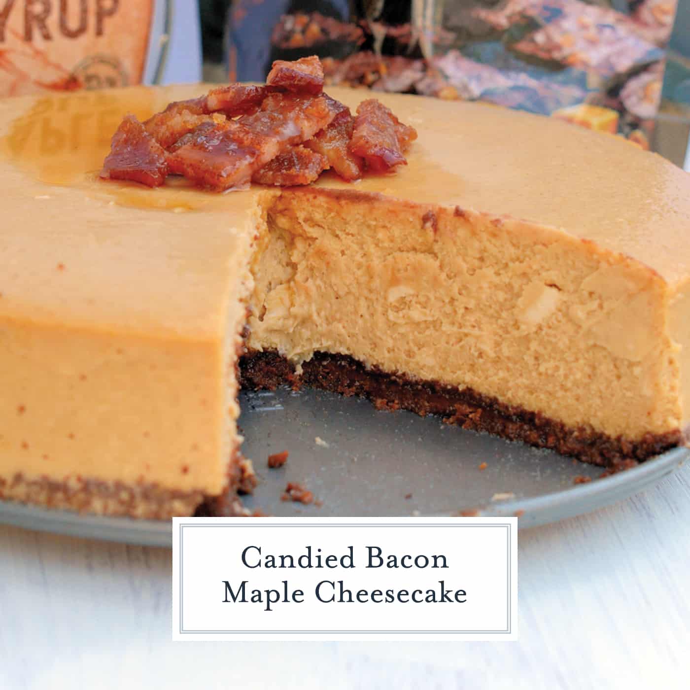 Candied Bacon Maple Cheesecake is made up of a maple cheesecake topped with candied bacon and a Salted Caramel Brownie Brittle ™ Crust! #cheesecakerecipe #easycheesecakerecipe www.savoryexperiments.com