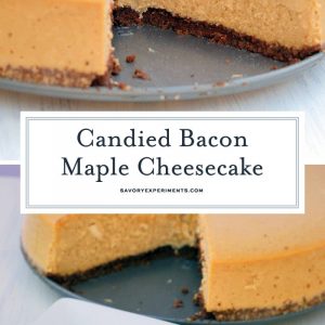 Candied Bacon Maple Cheesecake is made up of a maple cheesecake topped with candied bacon and a Salted Caramel Brownie Brittle ™ Crust! #cheesecakerecipe #easycheesecakerecipe www.savoryexperiments.com
