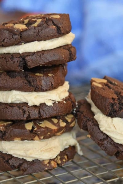 stack of chocolate peanut butter sandwich cookies