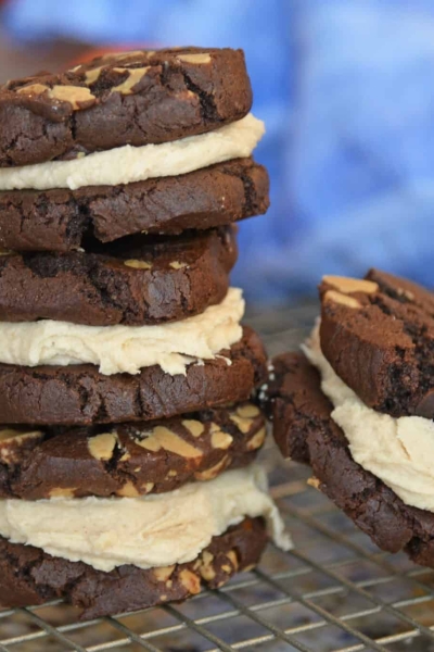 stack of chocolate peanut butter sandwich cookies