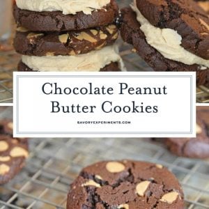 These Chocolate Peanut Butter Cookie Sandwiches are quite possibly the best cookie sandwich you will ever eat. Highly addictive: bake with caution! #chocolatepeanutbuttersandwichcookies #sandwichcookies #peanutbutter www.savoryexperiments.com