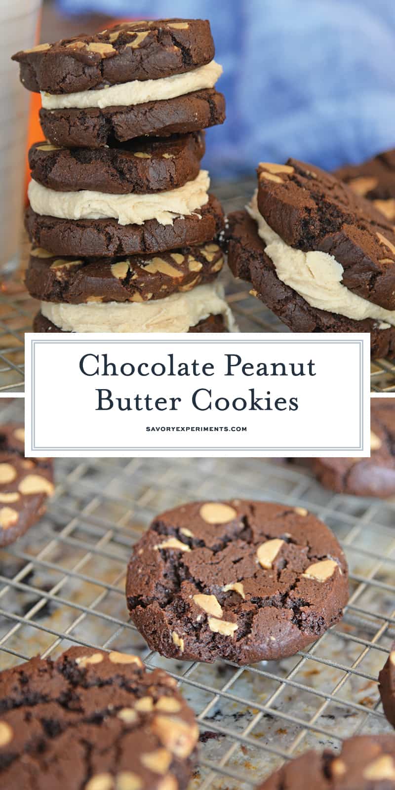 These Chocolate Peanut Butter Cookie Sandwiches are quite possibly the best cookie sandwich you will ever eat. Highly addictive: bake with caution! #chocolatepeanutbuttersandwichcookies #sandwichcookies #peanutbutter www.savoryexperiments.com