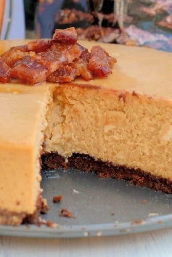 Maple Cheesecake with Candied Bacon and Salted Caramel Crust Recipe - this is one of the most decadent and delicious desserts you will ever make, the perfect combination of flavors.