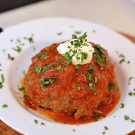 The LAVO One Pound Meatballs are a visual showstopper for any meal. They also happen to be the best giant meatballs you will ever eat. #lavoonepoundmeatballs #meatballs www.savoryexperiments.com