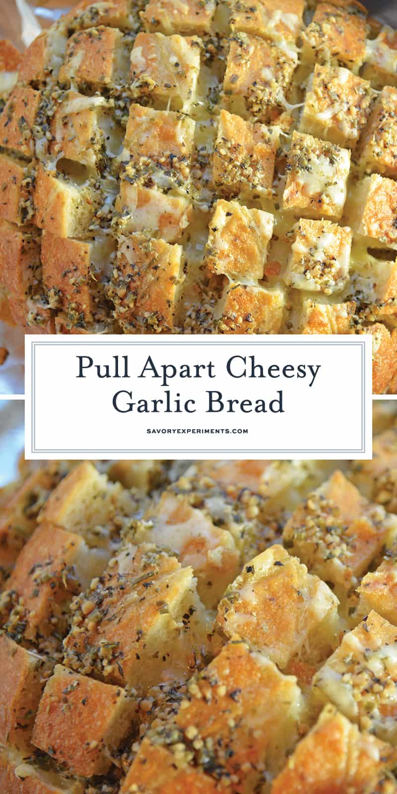 Pull Apart Cheesy Garlic Bread is a garlic bread recipe taken to new heights with cheese. It will be your new favorite go-to side. #pullapartcheesygarlicbread #garlicbread #pullapartbread www.savoryexperiments.com