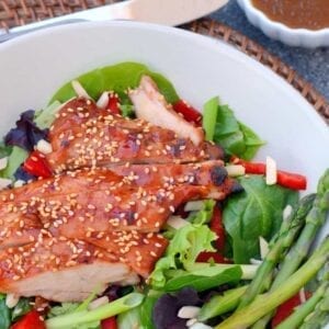 Sticky Chicken Salad is a flavorful, Asian inspired meal ready in just 30 minutes. Delicious, healthy, and great for the whole family. #stickychickensalad #chickensalad www.savoryexperiments.com