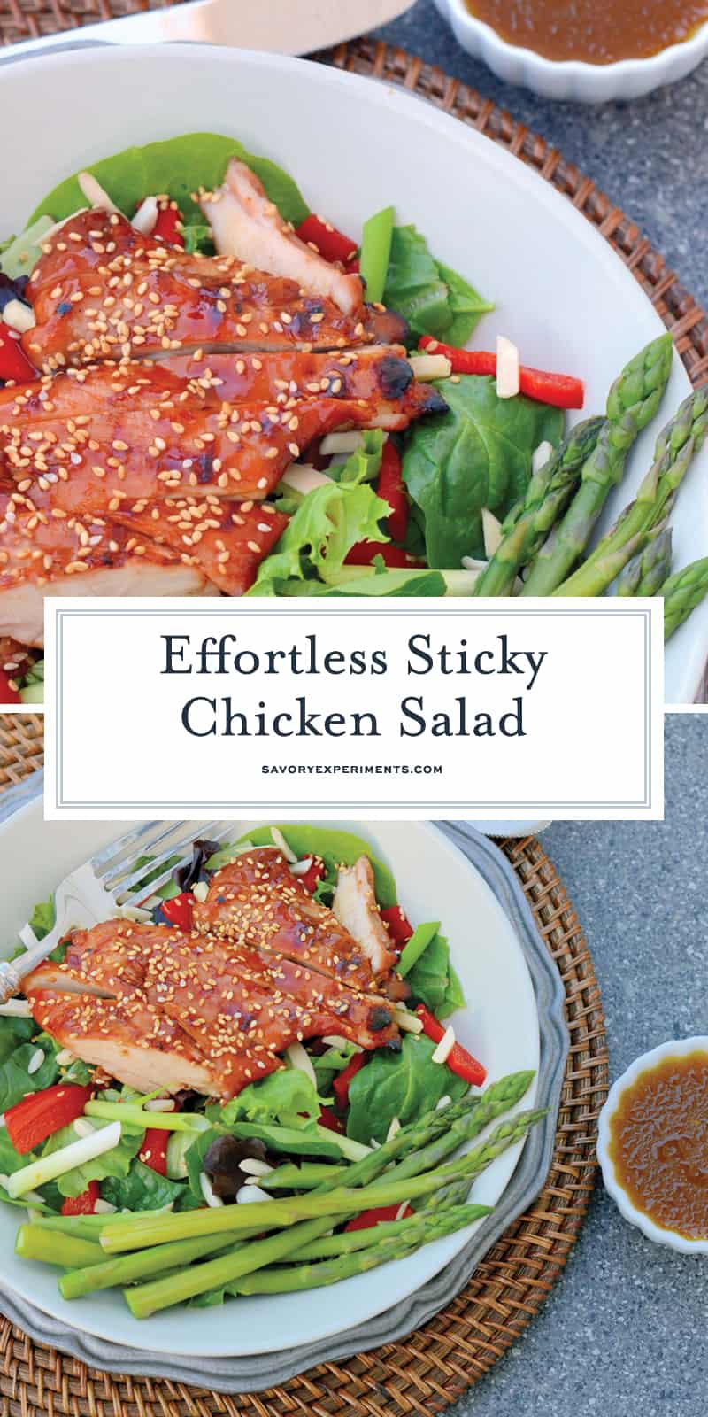 Sticky Chicken Salad is a flavorful, Asian inspired meal ready in just 30 minutes. Delicious, healthy, and great for the whole family. #stickychickensalad #chickensalad www.savoryexperiments.com