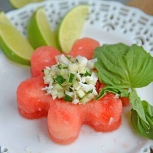 Watermelon Crab Salad is a refreshing, healthy salad complete with crab meat, a touch of heat, and a good dose of watermelon. Perfect for a light lunch! #watermelonsalad #crabmeat #watermelon www.savoryexperiments.com